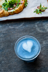 Fresh blue matcha with frothy foam