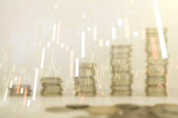 Multi exposure of virtual creative financial graph and world map on stacks of coins background, forex and investment concept