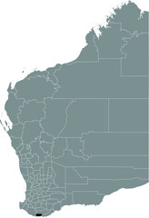 Black flat blank highlighted location map of the SHIRE OF DENMARK AREA inside gray administrative map of areas of the Australian state of Western Australia