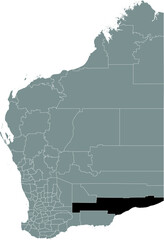 Black flat blank highlighted location map of the SHIRE OF DUNDAS AREA inside gray administrative map of areas of the Australian state of Western Australia