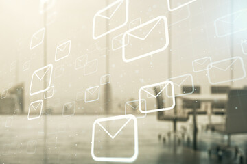 Abstract virtual postal envelopes sketch on a modern boardroom background, e-mail and marketing concept. Double exposure