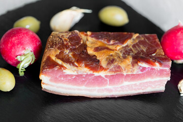 Dry and smoked bacon, delicious delicatessen food