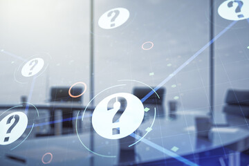 Abstract virtual question mark hologram on a modern coworking room background, future technology concept. Multi exposure