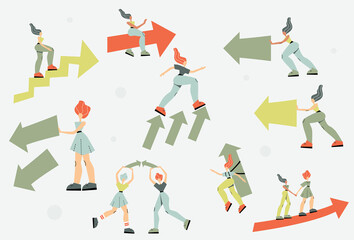 Women climbing up the arrow, women pushing the arrow. Picture depicts growth for presentations, diagrams, graphs. Vector drawing with modern character.