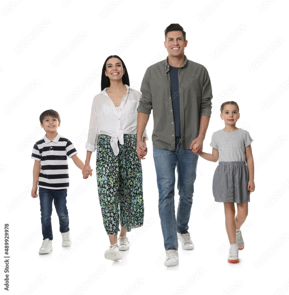 Wall mural Children with their parents together on white background