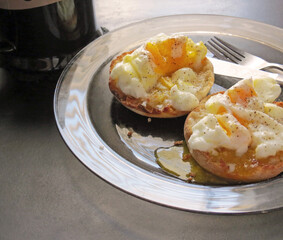 Poached Eggs on a Split, Toasted English Muffin