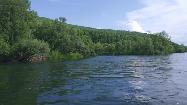 Middle Siberia, Krasnoyarsk Territory. Hilly (coniform hill) river bank, pour. Taiga mixed forests