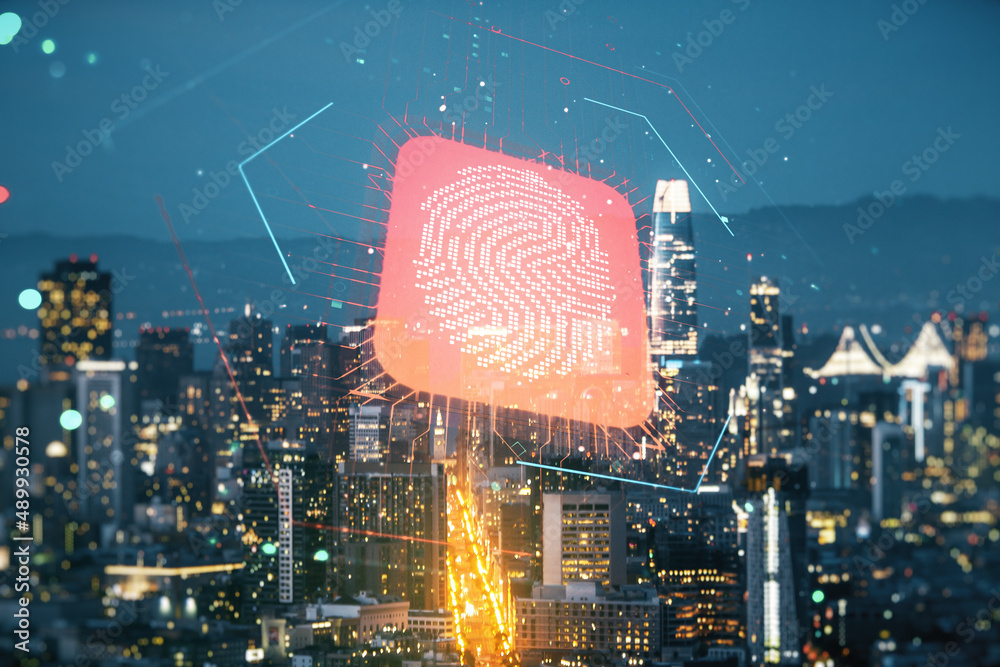 Poster Multi exposure of virtual fingerprint scan interface on San Francisco office buildings background, digital access concept