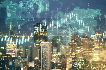 Double exposure of abstract creative financial diagram and world map on San Francisco office buildings background, banking and accounting concept