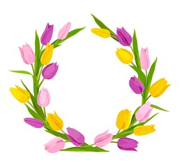 Tulips multicolored wreath decor for your design. Spring design. Vector image.