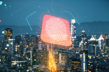 Multi exposure of virtual fingerprint scan interface on San Francisco office buildings background, digital access concept