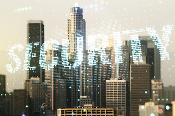 Virtual cyber security creative concept on Los Angeles city skyline background. Double exposure