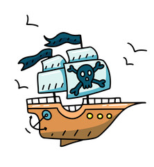 Doodle cartoon pirate ship with black skull and bones. Flat style vector illustration isolated on white background