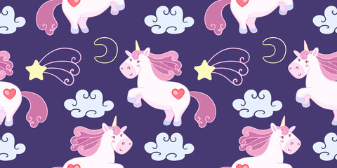 Seamless vector pattern with cartoon unicorn, clouds and moon. Magic background with little unicorns. Hand drawn illustration