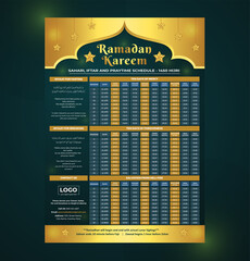 Ramadan Kareem Fasting and Prayer time Guide. Ramadan Calendar Design Template.Ramadan Prayer Timing Calendar. Islamic Calendar and Sehri Ifter time Schedule. Ramadan Kareem Flyer Design.