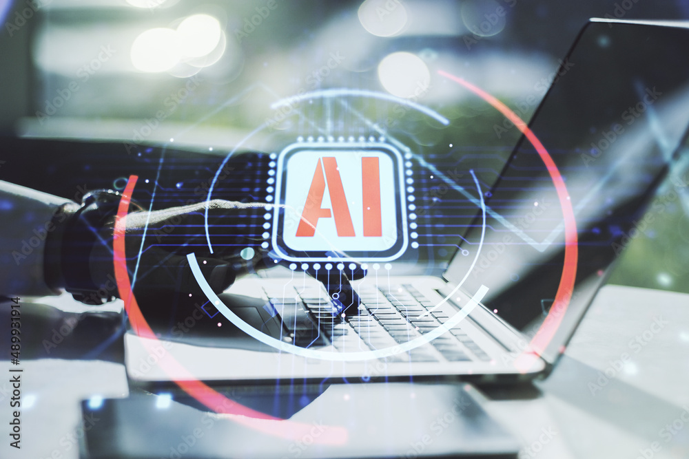 Poster double exposure of creative artificial intelligence abbreviation with hand typing on computer keyboa