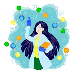 A female scientist in a dressing gown with an folder in her hands. Concept of a vector illustration on the topic of vaccine development. Science discovery concept.Discovery, ideas. Design element...