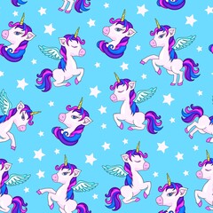 Seamless cute magical celestial vector pattern with unicorns, rainbows, stars, sky, wings, hearts.Seamless vector pattern with cute unicorns on blue background. Perfect for textile, wallpaper.
