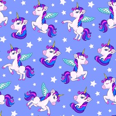 Seamless vector pattern with cute unicorns on lilac background.Seamless cute magical celestial vector pattern with unicorns, rainbows, stars, sky, wings, hearts. Perfect for textile, wallpaper...