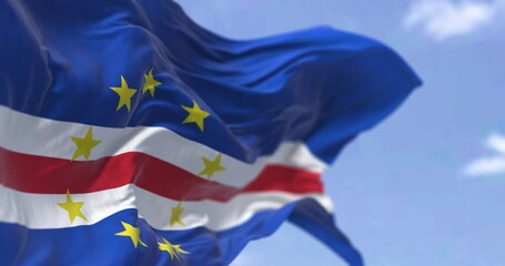 Detail of the national flag of Cape Verde waving in the wind on a clear day
