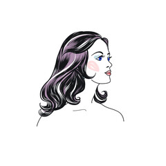 Female portrait. Lady profile with beautiful long hair. Young woman face. Beauty salon symbol