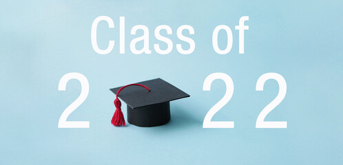 Class of 2022. Graduation cap banner. University degree 