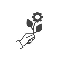 Gears of life - modern vector single line icon. A hand holding two gears that grow out leaves. Represent mechanism, life, fruitful, work and automatism.