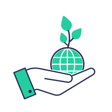 Green Earth - modern vector single line icon. An image of a planet on the palm of the hand, emerald leaves . Representation of nature, eco, health, eco lifestyle, hope