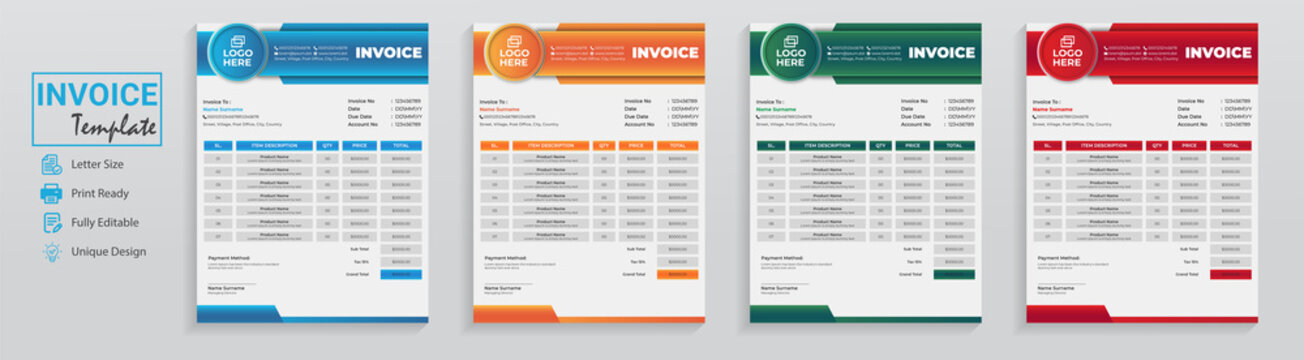 Modern style gradient technology company invoice design template in blue red orange.  This cash memo price list for order expense is used for accounting bookkeeping finance business as money receipt.