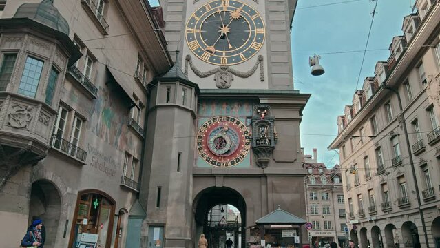 Zytglogge Cultural landmark - a Swiss Mechanical clock tower and astrolabe Clock. The architecture of the beautiful medieval Tower with a big clock in Bern, Switzerland.
