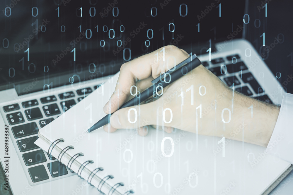 Poster creative concept of binary code illustration and hand writing in notebook on background with laptop.