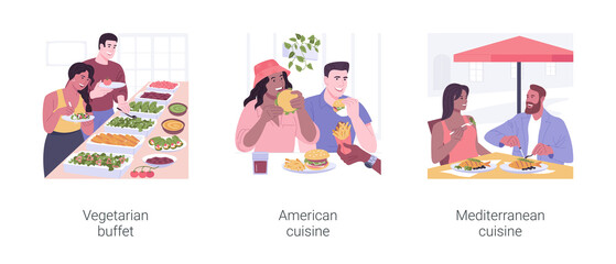 Eating in a restaurant isolated cartoon vector illustrations set.