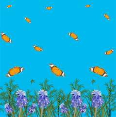 Fototapeta na wymiar butterflies above grass and lilac flowers on blue