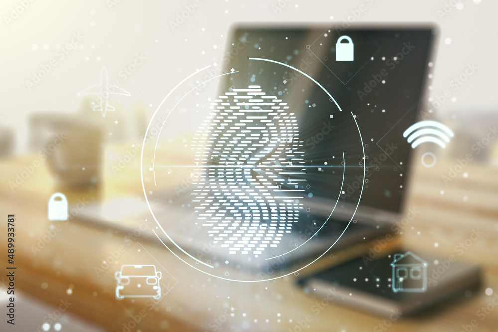Poster Multi exposure of abstract graphic fingerprint sketch and modern desktop with pc on background, fingerprint scan data concept