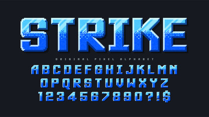 Pixel vector alphabet design, stylized like in 8-bit games.