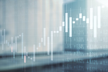 Double exposure of virtual creative financial diagram on contemporary business center exterior...