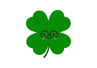 Cute clover four leaf kids character in eyeglasses isolated on white background. Green kawaii emoji 4 leaves clever clover lucky emoji mascot. Flat design cartoon vector illustration.