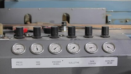 Pressure gauge in a factory, arrow movement on an industrial pressure gauge. Industrial pressure gauge