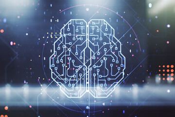Virtual creative artificial Intelligence hologram with human brain sketch on blurry contemporary...