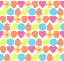 Beautiful abstract geometric colorful easter seamless pattern.  Abstract ornament pattern of simple elements heart, circle, leaf, flower. Actual bright neon colors. White background.