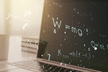 Double exposure of creative scientific formula concept on laptop background, research and development concept