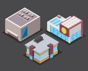 three isometric buildings icons