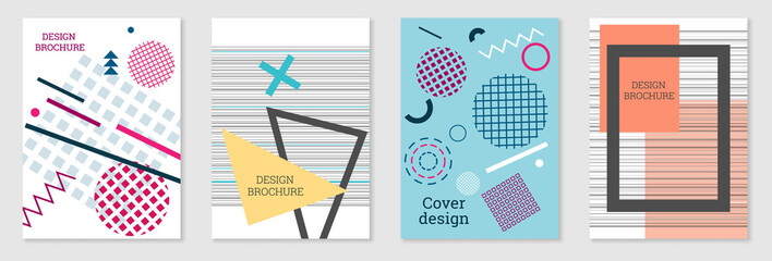 Set of cover design in Memphis style. Geometric design, abstract background. Fashionable bright cover, banner, poster, booklet. Creative colors.