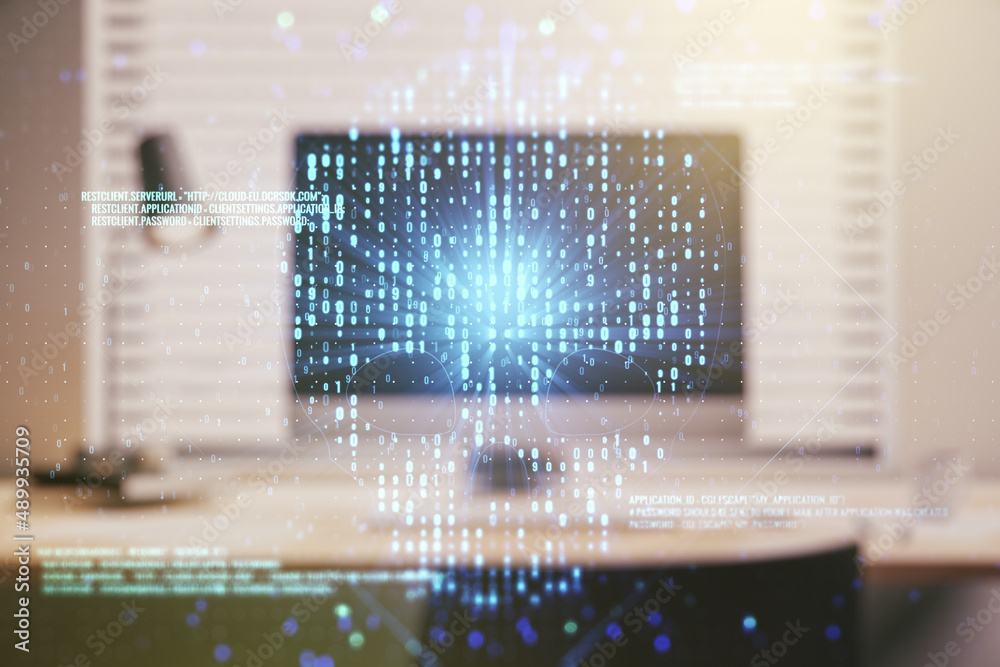 Poster creative code skull sketch on modern laptop background, theft of personal data and malware concept. 