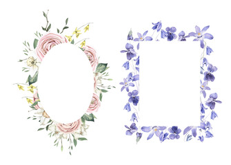 Watercolor Hand Drawn Frames with Ranunculus, Daffodils and Violets.