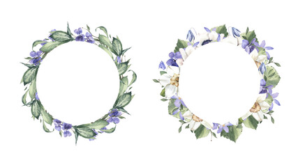 Watercolor Hand Drawn Round Frames with Violets, Anemones and Daffodils.
