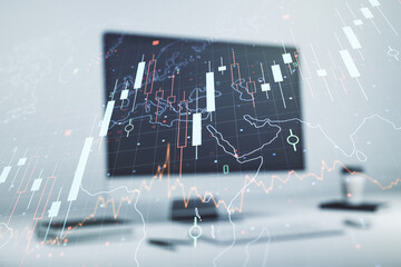 Multi exposure of abstract financial diagram with world map on computer background, banking and accounting concept
