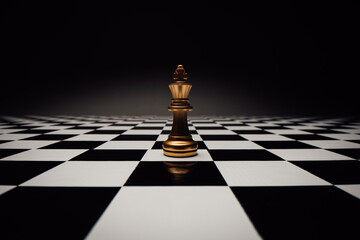 Chess piece King on a chessboard against neutral background. Chess as a symbol of strategy, intelligence, power and business. Dark mood.