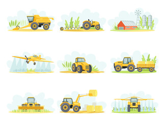 Obraz na płótnie Canvas Agricultural farming machinery set. Tractor, plow, combine harvester, airplane, crop sprayer vector illustration