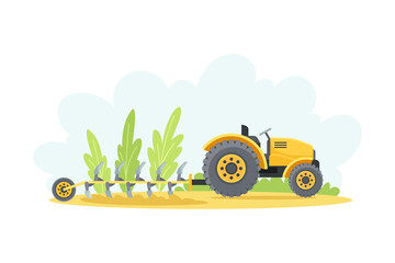 Tractor with plowing equipment. Agricultural farming machinery vector illustration